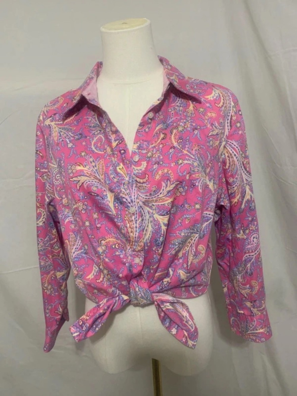 Chaps Pink Paisley Tie-Front Button Down Shirt